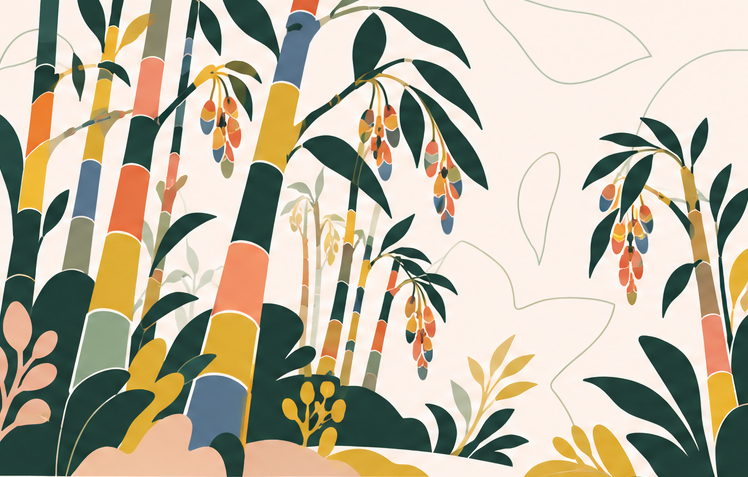 Color-banded rainbow bamboo with clustered leaves and fruit