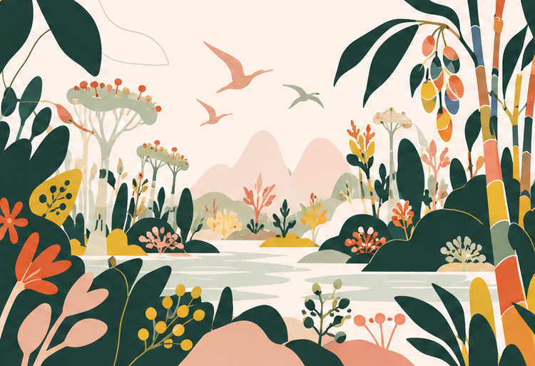 A broad alien landscape with plants, water, and flying creatures